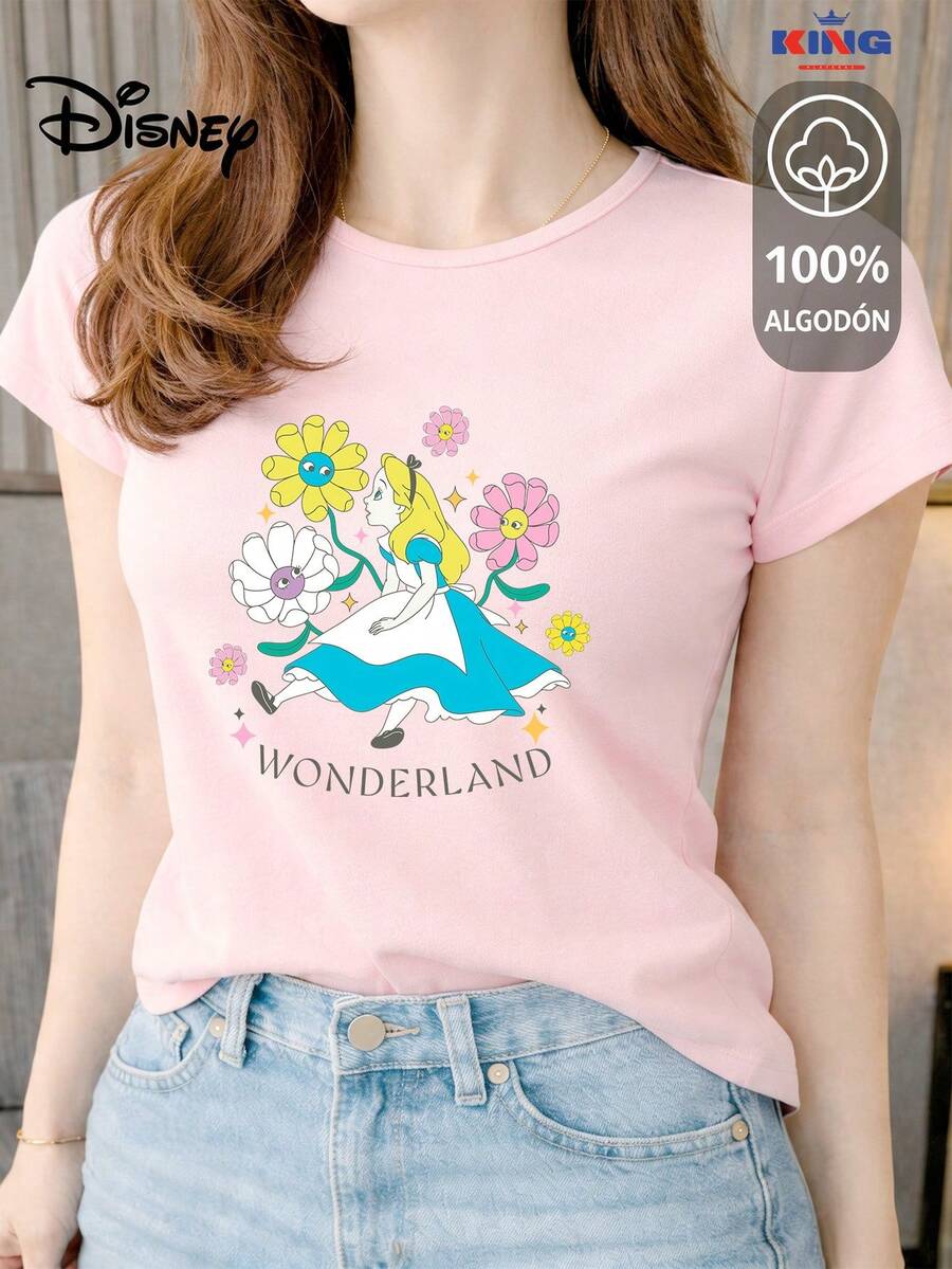 Women's T-Shirt Made Of 100% High-Quality Cotton. This T-Shirt Guarantees Exceptional Softness To The Touch, With A Round Neck, "Disney Alice In Wonderland Flowers" Print, And Short Sleeves. - 粉色 - 查看 1