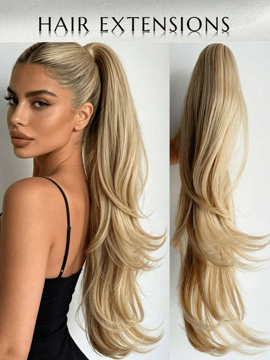 WaveTrip Synthetic Material Clip-In Ponytail Hair Extension - Gold - 24 Inch Ponytail Wig - Women's Long Straight Hair Wig - Long Hair Wig With Clips - Gold - View 1