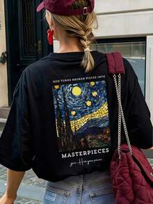 Camiseta de manga corta negra de cuello redondo, versátil y holgada, con estampado de letras de arte de patrón simple, adecuada para el uso diario y de vacaciones, nueva para el verano de las mujeresPure-Cotton - Negro - Ver 6