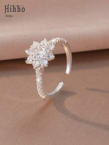 Hihho 1pc French Retro Copper Plated Silver White 3D Floral Snowflake Design Open Ring, Elegant Fashion Hand Accessory For Women, Suitable For Daily, Dating, Best Gift For Friends - Snowflake - View 5