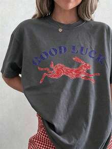 Good Luck T-Shirt. Lucky Rabbit Shirt. Easy Tiger Shirt. Cool Shirts For Women. Aesthetic Shirts. Cool Girl T-Shirts. Women's Western Retro Style Party Set, New Year, Pure Cotton - 杏色 - 查看 7