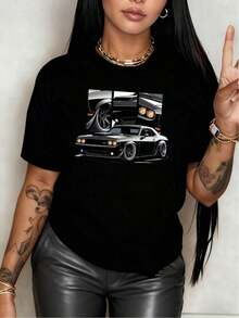 100% Cotton. Stunning Classic American Sports Car With Futuristic Details On A 100% Cotton Women's T-Shirt That Evokes Speed, Power, And Pure Adrenaline. Women's T-Shirt. Simple Solid Color, Loose And Fitted Cut, Casual Short Sleeve. - 黑色 - 查看 12