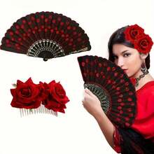 5pcs Women's Flamenco Dance Costume Accessories - Complete Spanish Dance Outfit With Sequin Embroidered Fan, Rose Hair Clip, Necklace And Earrings, Suitable For Flamenco Party, Wedding, Cosplay, Stage Performance - Multicolor - View 4