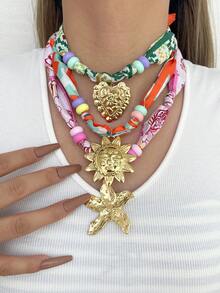 1pc Bohemian Ocean Style Creative Fashion Necklace, Elegant, Exquisite, Luxurious, Charming, Sweet And Bold Design, With Titanium Steel Starfish, Heart, Flower, Cross, Sun And Beaded Print. This Fashion Scarf-Style Necklace Is Perfect As A Graduation Ball Or Party Gift For Women, Sisters Or Couples. Ideal For Valentine's Day, Daily Wear, Dating, Parties, Holidays, Gifts, Summer, Beach And Vacation. - Multicolor - View 4
