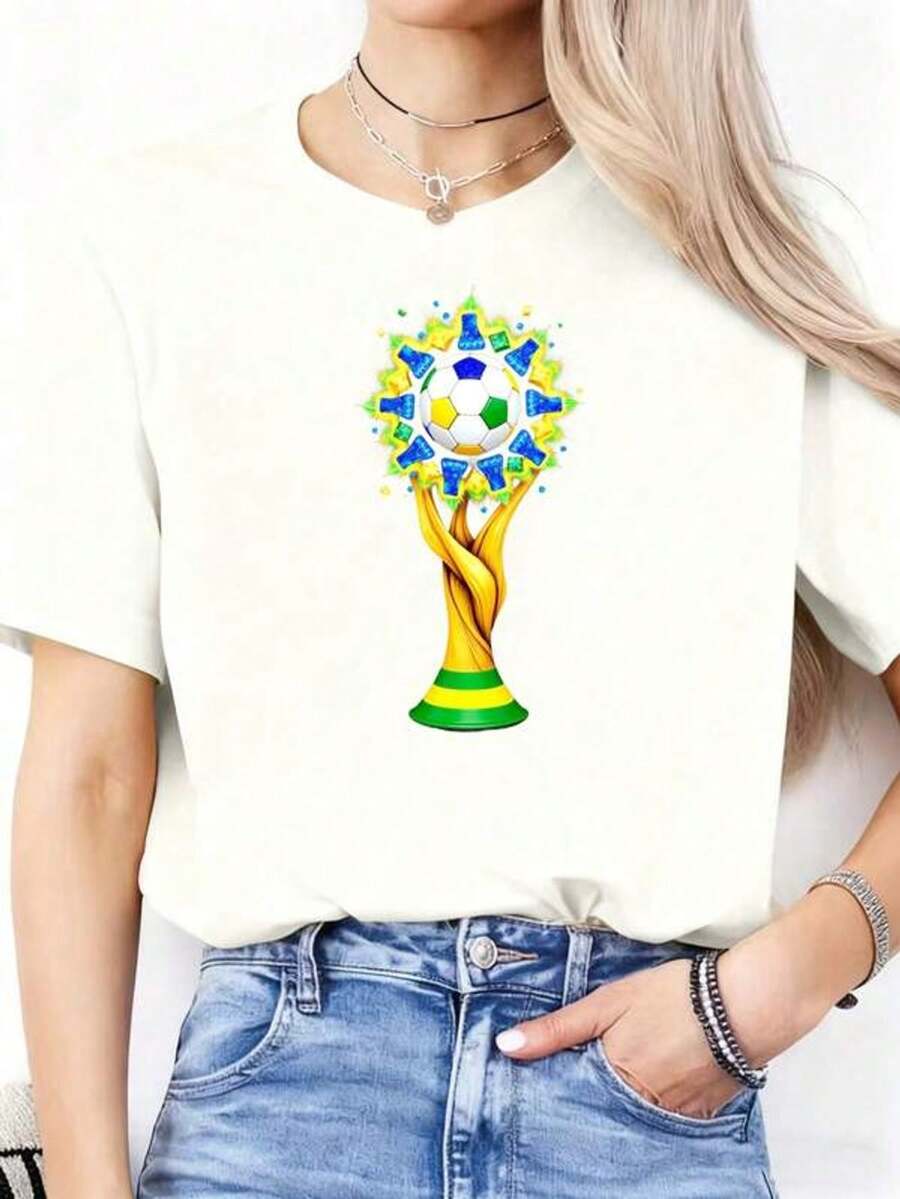 Camiseta de manga corta con cuello redondo y estampado para mujer Diseño del Trofeo de la Copa Mundial de la  S-3XL moda, cómodo y transpirable Unio lavable a máquina