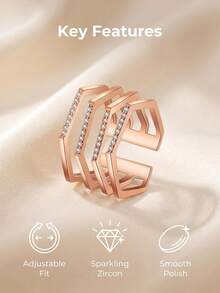 Geometric Multi-Layer Open Ring, Sparkling Zirconia Rose Gold Band, Adjustable Stackable Statement Jewelry For Daily & Occasions - Multicolor - View 5