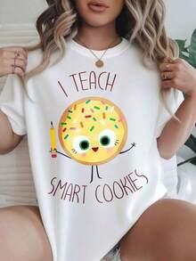 Camiseta Casual de Manga Corta para Mujer - Estampado "I Teach Smart Cookies" con Personaje de Galleta Sosteniendo un Lápiz, Cuello Redondo, Top de Verano, Lavable a Máquina, Camisetas para Mujer, Ropa Casual, Estilo Moderno, Ajuste Cómodo 
 -Blanco - Negro - Ver 6