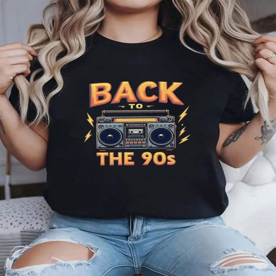 Back to The 90S R Boombox Nostaia Letter Print Wo'S Short Sve Crew Neck Casual Top for Summer & Spring, Wo'S T-Shirt - Negro - Ver 1