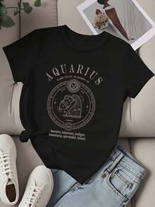 Women's Casual Loose Fit T-Shirt With Aquarius Zodiac Sign Print, Astrological Design With The Planet Uranus And The Element Of Air, Text: Innovative, Independent, Intelligent, Humanitarian, Open-Minded And Visionary For Daily Use And Spirituality Lovers. - Black - View 2