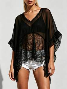 Women Sheer Poncho Tops Oversized Batwing Sleeve Blouse Contrast Lace See Through Mesh Cover Up Ruffle Flowy Boho Shirts - Black - View 2