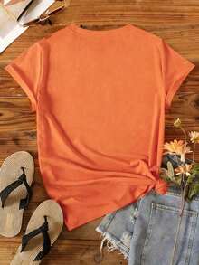 Camiseta de manga corta con cuello redondo y bordado de sol de playa para mujer - Naranja Coral - Ver 2