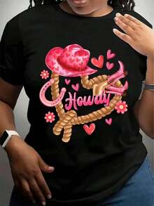 Women's T-Shirt With Pink Cowgirl Hat And Rope Design, Black T-Shirt For Women, Western Style Gift For Valentine's Day - 黑色 - 查看 7