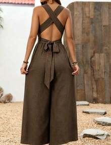Plus Women's Halter Neck Wide Leg Jumpsuit, V-Neck Backless Crisscross Tie Waist Romper, Sleeveless Loose Fit, Lightweight Spring & Summer Outfit For Home, Outdoor & Casual Wear, All Ages,Tropical Vacation Outfits,4th Of July Outfit Women,Tropical Outfits For Women,Tropical Vacation Outfits,Women's Plus-Size Jumpsuit, - Brown - View 3