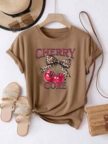 Women's Oversized Brown Summer 2026 T-Shirt With Leopard Print Bow And Red Cherries, Animal Print Bow And Cherry Design, Flirty Style To Pair With Leggings Or Skinny Jeans - YH563-棕色 - 查看 2