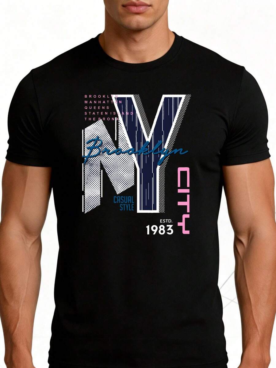 Camiseta de hombre estilo urbano, diseño de Nueva York, Brooklyn, ropa casual de verano, un regalo para él. - Negro - Ver 1
