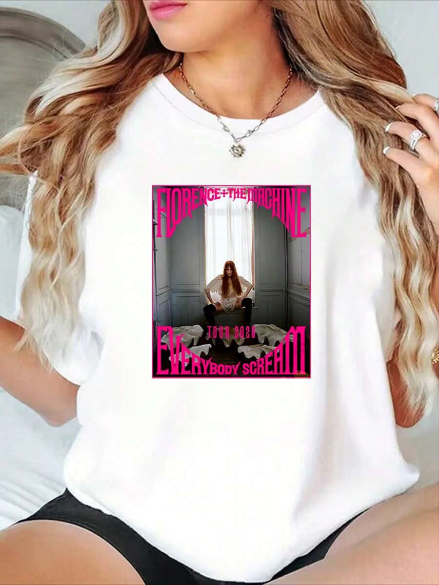 Camiseta Gráfica con el Tema de la Gira "Everybody Shriek" de Florence + The Machine 2026 - Camiseta de Manga Corta con Cuello Redondo, Casual y a para Mujer, Corte Holgado y Suave, TODOS los Esenciales de Moda, Camiseta Elegante para Fiestas. - Blanco - Ver 1