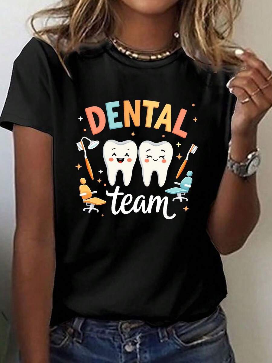 Camiseta con Estampado de Dientes Sonrientes del Equipo DENTAL, Manga Corta, Cuello Redondo, Estilo Casual para Verano y Primavera, Ropa de Mujer - Negro - Ver 1