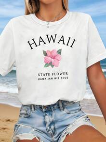 Island Style Outfit For Travelers, Women's Casual Fashion T-Shirt With Hibiscus Flower Print And Round Neck, Ideal For Spring-Summer, Suitable For Daily Wear, Shopping, Parties, Commuting, Versatile And Stylish For Women. - 白色 - 查看 1