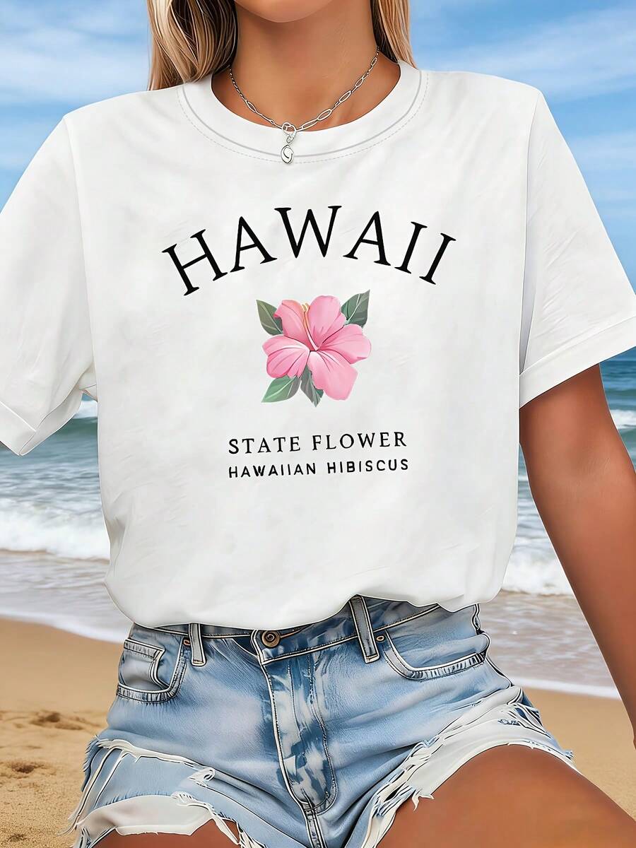 Island Style Outfit For Travelers, Women's Casual Fashion T-Shirt With Hibiscus Flower Print And Round Neck, Ideal For Spring-Summer, Suitable For Daily Wear, Shopping, Parties, Commuting, Versatile And Stylish For Women. - 白色 - 查看 1