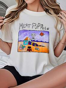 Camiseta de mujer, corte holgado casual, opciones en negro y blanco, estampado gráfico de arte de Meat Puppets, camisetas para uso diario de verano, tops de verano, camisetas gráficas, conjuntos de verano, camisetas gráficas de mujer, tops cortos de mujer, tops de mujer, ropa vintage de algodón, ropa linda para mujer, blusas para mujer. - Blanco - Ver 7