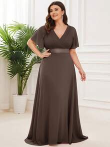 EVERPRETTY Vestido de dama de honor elegante de talla grande con cuello en V y cintura fruncida en color marrón, adecuado para bodas, cenas, fiestas de cumpleaños, San Valentín y primavera - Marrón - Ver 4