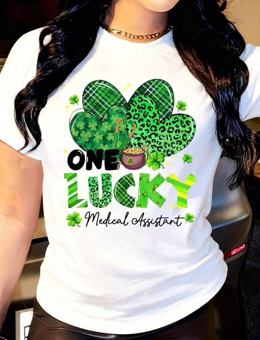 Camiseta de mujer verde a cuadros con estampado de leopardo y trébol, cuello redondo, manga corta, adecuada para uso diario al aire libre, perfecta para todas las estaciones. - Blanco - Ver 1
