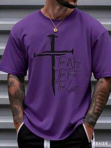Men's Christian Faith Graphic T-Shirt - Way, Truth, Life Cross Design, 100% Cotton, Breathable Short Sleeve T-Shirt, Suitable For Casual And Outdoor Wear In Spring And Summer, Religious Theme Clothing, Bold Comfortable Style Graphic T-Shirt, Christian T-Shirt - Unisex Plus Size Top - 紫色 - 查看 1