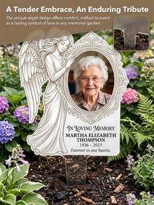 Custom Photo Acrylic Memorial Stand, Custom Name&Date, Angel Carved Transparent Acrylic, Waterproof Sun-Proof, Condolence Keepsake For Grieving Families, Indoor Outdoor Grave Garden Memorial Decor - Model 1 - View 7