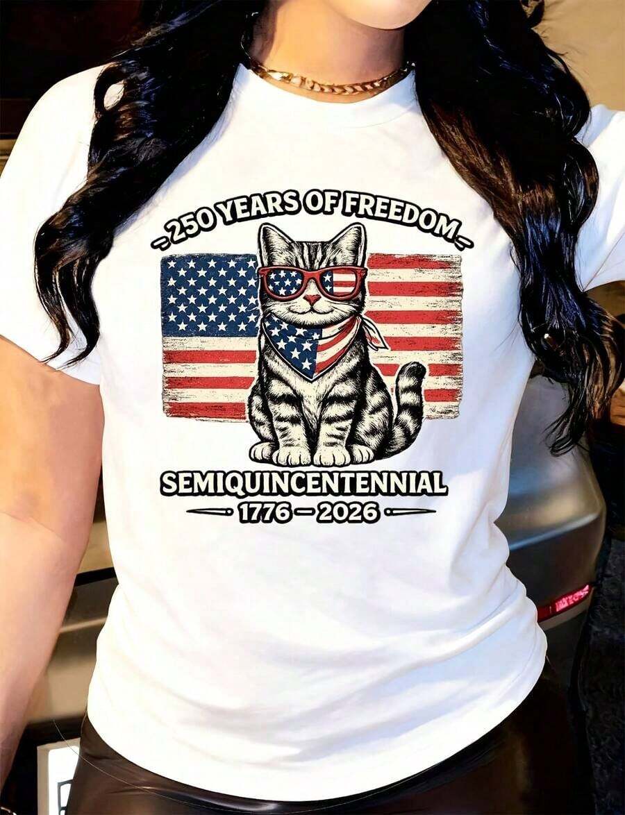 Women's T-Shirt With American Flag Print, Cat And Patriotic Glasses, Bandana Style, Round Neck, Short Sleeve, Suitable For Daily Outdoor Use, Perfect For All Seasons. - 白色 - 查看 1