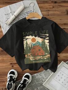 Camiseta estampada para mujer, top informal de manga corta y cuello redondo, ideal para primavera y verano.Ropa de mujer. SHW6 - Negro - Ver 1