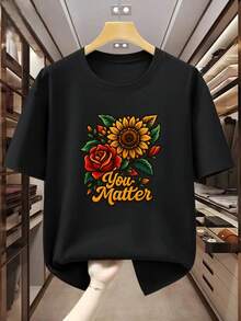 Camiseta de Hombre Talla Grande 100% Algodón, Estampada con Diseño de Girasol y Rosa y Texto "You Matter", Camiseta Casual Cómoda de Manga Corta para Verano, TALLA GRANDE - Negro - Ver 6