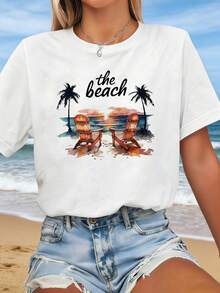 A Relaxed And Comfortable Garment For Beach Holidays, Creative Watercolor Style Design, Beach Motif Print, Plus Size Women's Casual Round Neck Fashion T-Shirt, Ideal For Daily Wear, Shopping, Parties, Commuting, Versatile, Elegant, 180g 100% Cotton. - 白色 - 查看 6