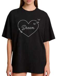 Women's Casual Fashion Basic T-Shirt, Round Neck, Sizes S-2XL, 100% Solid Color In Black And White With A Flying Heart And Bird Print, Perfect For Family And Couple Outfits, Ideal For Spring And Summer, A Perfect Gift For Mom, Mother's Day, Relatives, And Best Friends. . - 白色 - 查看 5
