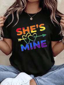 "She's Mine Rainbow Pride" T-Shirt For Women, Love Declaration T-Shirt For Lesbian Couples, Valentine's Day Gift, Gay Pride Festival, 220g - Urban Vintage Style, Unisex, Loose Cotton Short Sleeve T-Shirt With Round Neck, 100% Cotton - 黑色 - 查看 7