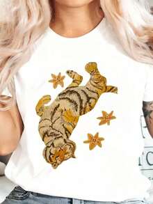 Round Neck T-Shirt With Tiger And Starfish Print For Casual Wear. Women's Casual Blouse - 白色 - 查看 2