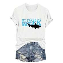 1 camiseta de algodón premium, camisetas para mujer, camiseta casual de manga corta con cuello redondo y estampado de tiburón para mujer, camiseta estampada de Halloween, camisetas gráficas para mujer, camisetas de Halloween para mujer, 1 camiseta blanca de algodón. - Blanco - Ver 1