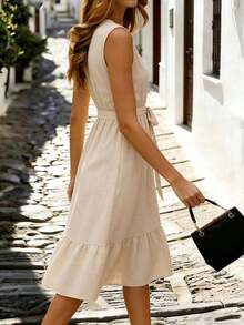 Vestido de mujer con cuello en V sin mangas y cintura ceñida, elegante y elegante para negocios, oficina, exteriores, viajes, vacaciones clásicas y casuales, romántico, fiesta, playa, estilo urbano chic, uso diario, vestido midi con cintura anudada y escote en V profundo sin mangas - Albaricoque - Ver 4