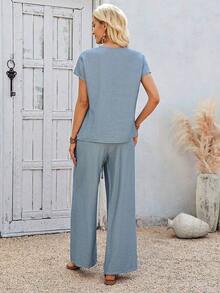 Conjunto de 2 piezas de top y pantalones casuales de verano de unicolor con flecos para mujer - Azul - Ver 2