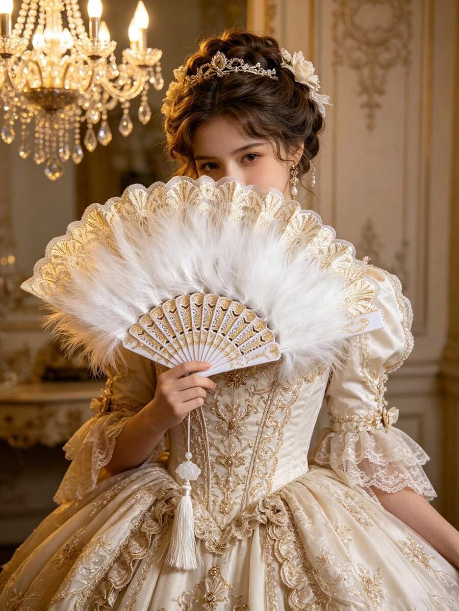 1 pieza Abanico de mano vintage de plumas blanco y negro, decorado con ribete de encaje dorado y borlas de perlas - Estilo elegante gótico lolita victoriano, adecuado para novia de boda, cosplay, fiesta, disfraz de Halloween, accesorio de fotografía, decoración de fiesta de té, baile de máscaras, regalo - A - Ver 1