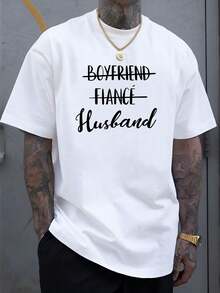 Men's Short-Sleeved T-Shirt, Casual Style, With Custom Print Of The Words "Boyfriend, Fianco, Husband", Made Of 100% Polyester Fiber, Lightweight With A Weight Of 180 Grams Per Square Meter, Regular Fit With Round Neck, Comfortable And Elastic, Fashionable Summer T-Shirt, Casual Everyday Wear, Suitable As A Gift [Niu Wang Selection]. - 白色 - 查看 8
