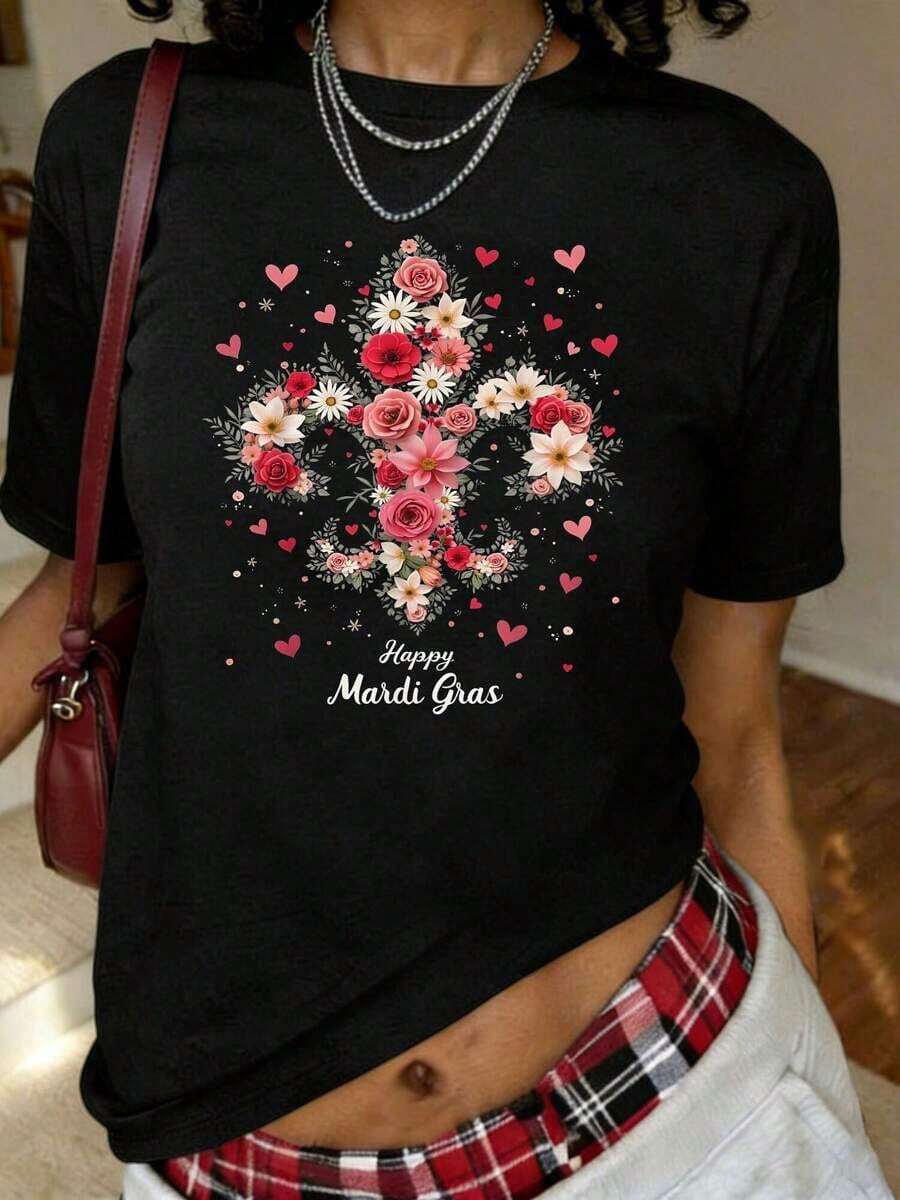 Happy Dolphintine's Day Bohemian Floral Print Cotton T-Shirt With Dolphins And Roses, Short Sleeve, Round Neck, Casual Style For Summer And Spring, Women's Clothing - 黑色 - 查看 1