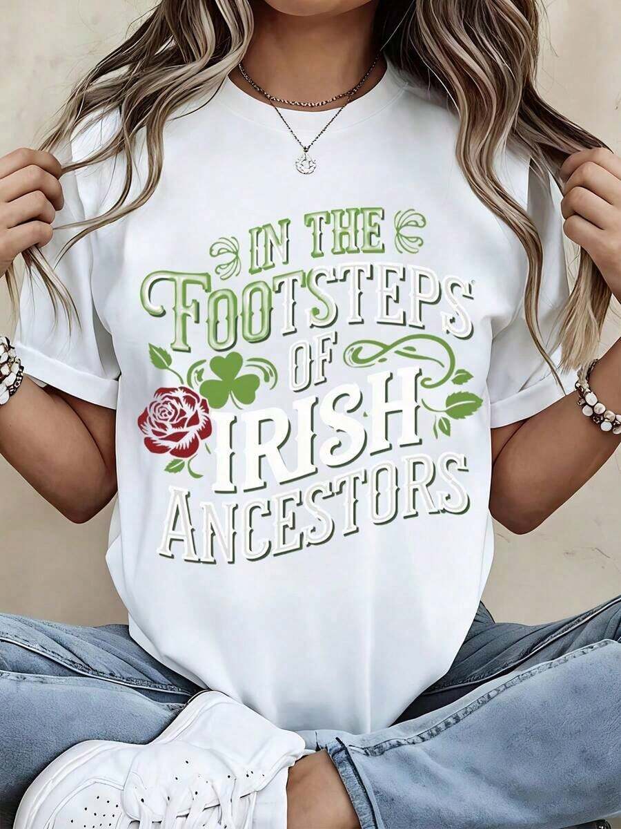 En los Pasos de los Ancestros Irlandeses Camiseta con Diseño de Rosa Blanca y Trébol Celebración del Día de San Patricio Ropa Casual para Mujer - Blanco - Ver 1