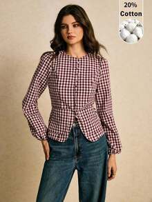 Camisa casual de mujer de manga farol de solapa única a cuadros - Burdeos - Ver 1