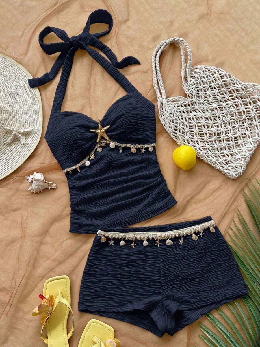 Conjunto de 2 piezas de top halter sin espalda y shorts, conjunto de ropa para vacaciones - Azul marino - Ver 1