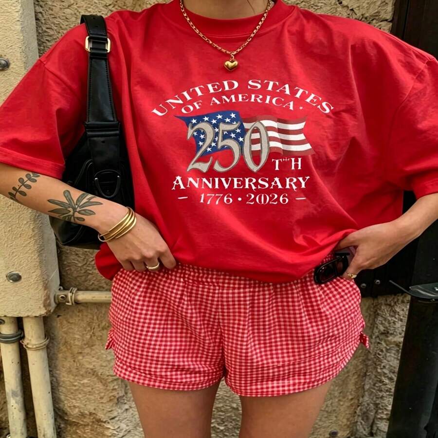 Heartfelt Daily Casual Graphic T-Shirt 100% Cotton Oversized Soft Breathable Casual Crewneck Short Sleeve Top Vintage Red Checkered Shorts Aesthetic Daily Trendy Basic Casual Wearers Fashion Lovers Daily Outfit Enthusiasts Gift Givers