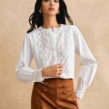 Blusa bordada de manga larga, blusa blanca sólida con parche de encaje, botones delanteros, elegante blusa de manga larga para otoño e invierno, para mujeres, para ir a la escuela, conciertos de country, salir, bodas, trabajo, casual y linda para mujeres - Azul marino - Ver 4