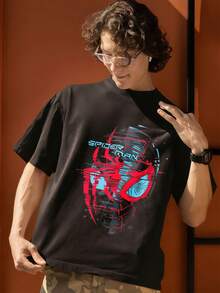 Men's Spider-Man Digital Art Graphic Tee, 100% Cotton Marvel Universe Summer Casual Streetwear Short Sleeve T-Shirt - 黑色 - 查看 5