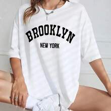 Camiseta de Mujer, Ropa Casual de Calle, Estampado de Letras a la Moda, Estilo Retro de Brooklyn, Nueva York, Cuello Redondo, Ropa de Verano para Mujer - Blanco - Ver 1