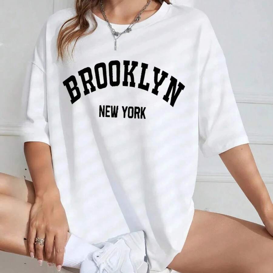 Camiseta de Mujer, Ropa Casual de Calle, Estampado de Letras a la Moda, Estilo Retro de Brooklyn, Nueva York, Cuello Redondo, Ropa de Verano para Mujer - Blanco - Ver 1