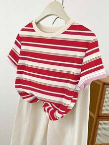 Camiseta de mujer de manga corta a rayas de colores vintage, top casual de cuello redondo para el verano - Multicolor 3 - Ver 3